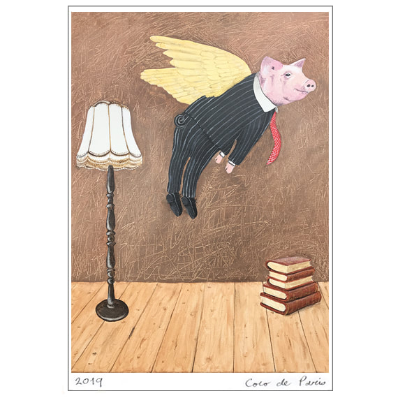 Pig Artwork Painting Art, Flying Pig Table Lamp